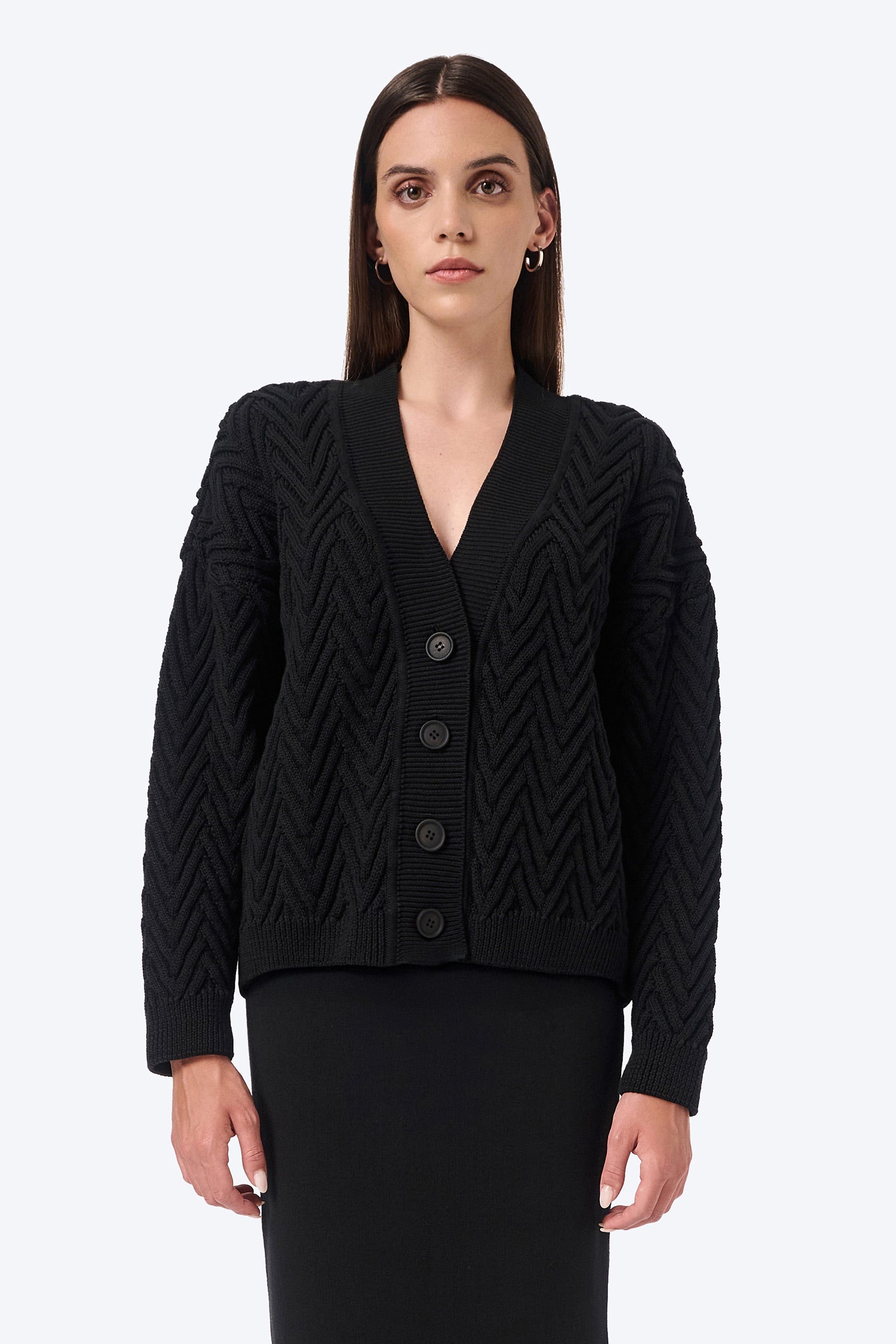 Knitted wide herringbone organic cotton cardigan in black – Mila.Vert