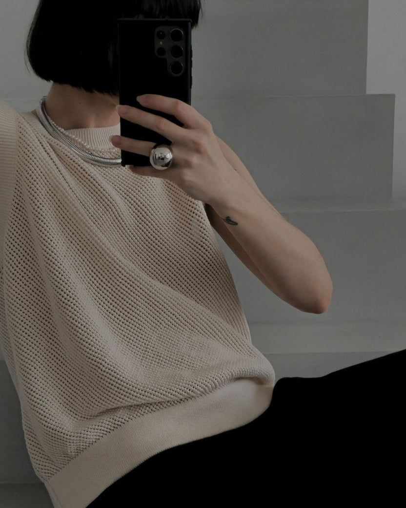 Vihefna Stitch Detail Knit Top Natural Melange Detail White Alys