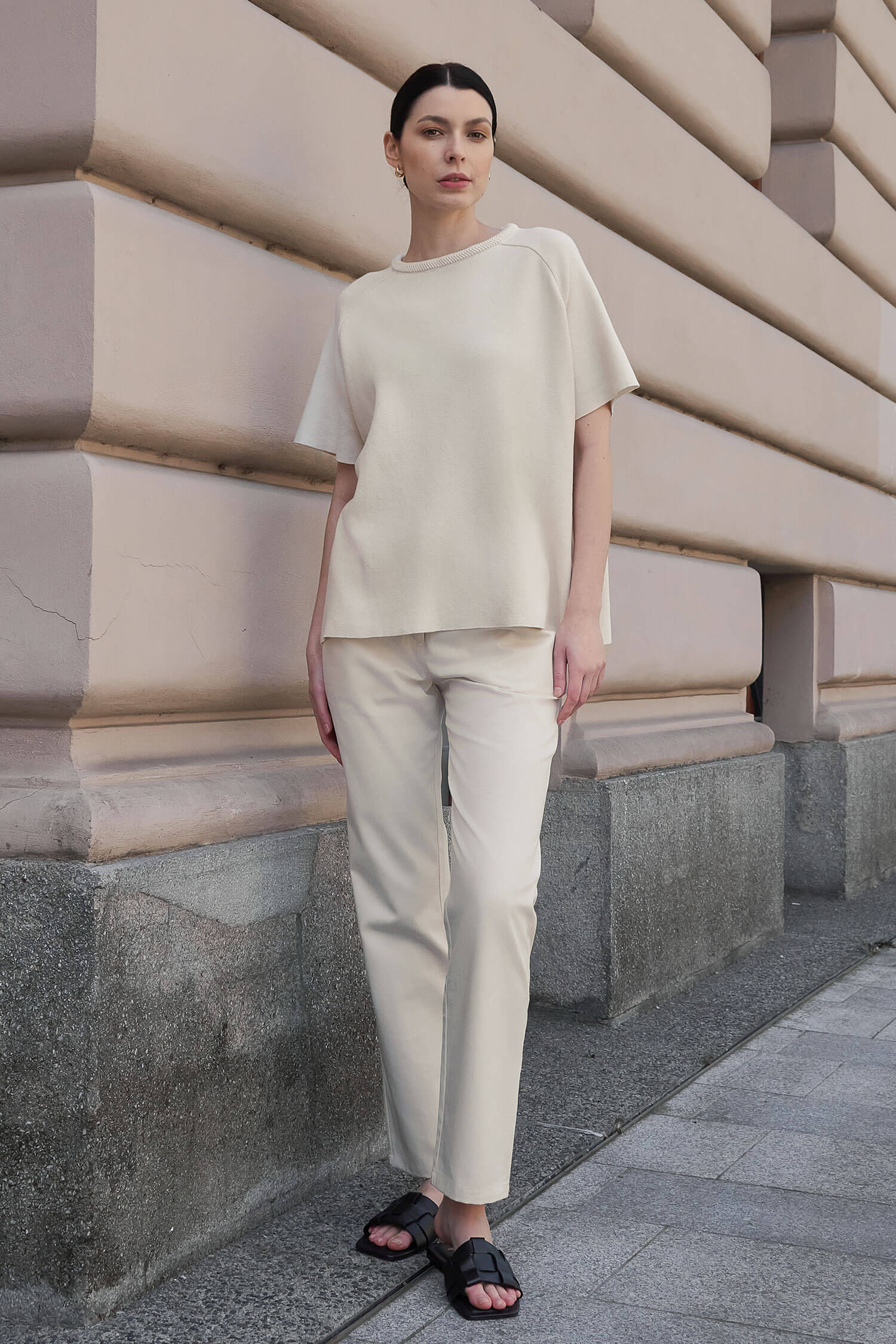 Knitted herringbone detail short-sleeved top