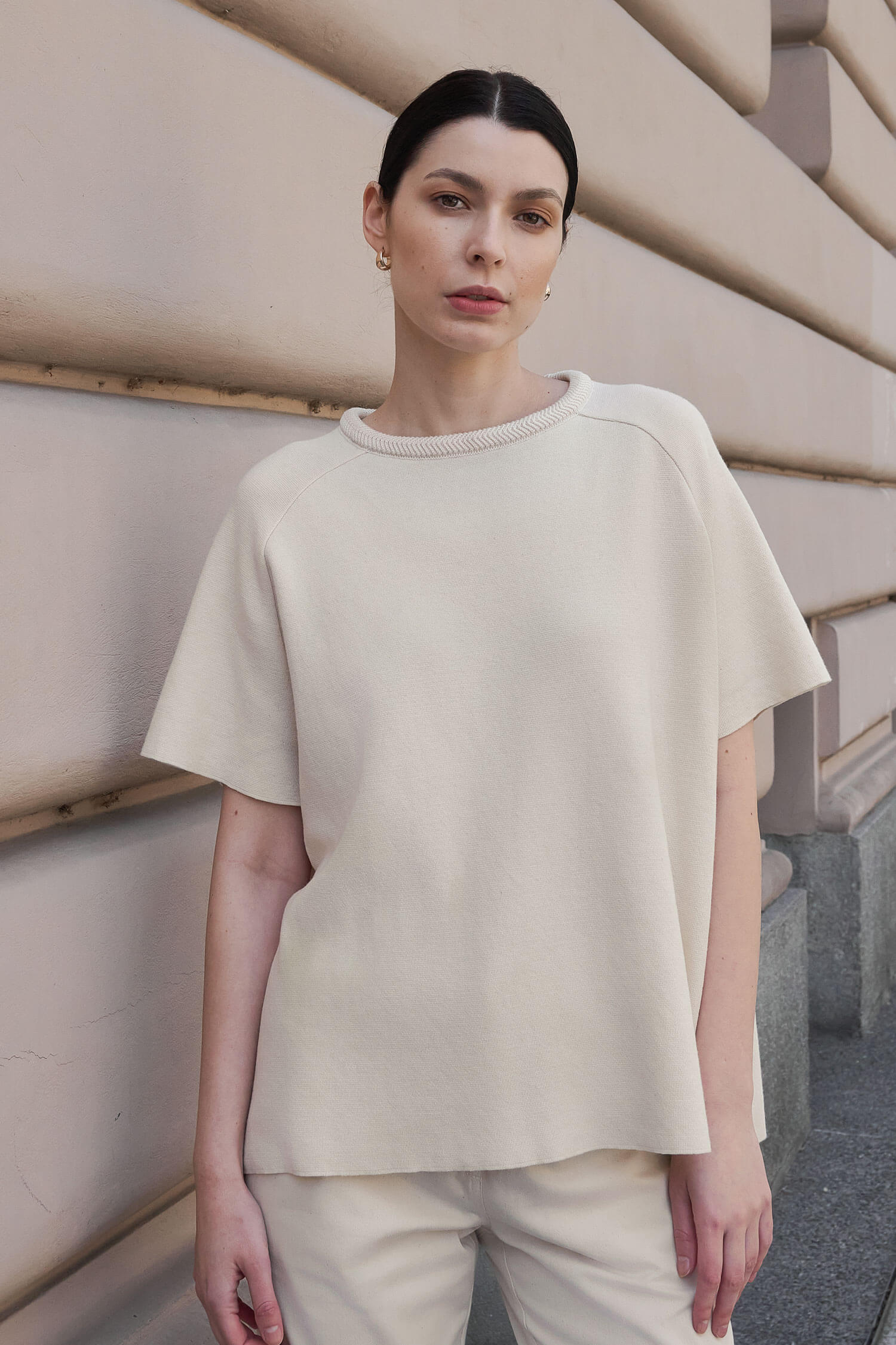 Knitted herringbone detail short-sleeved top