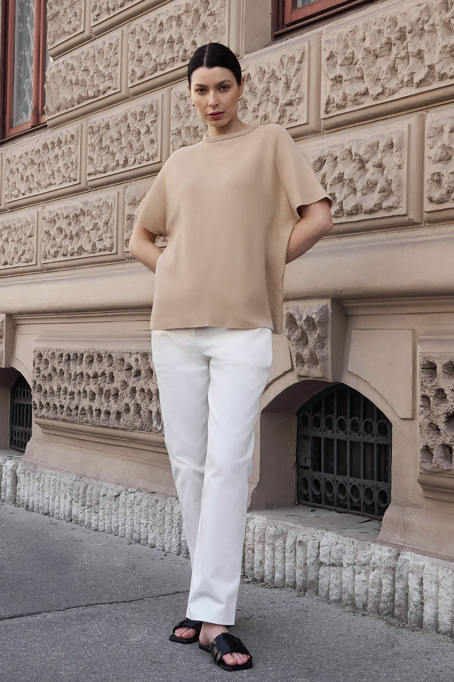 Knitted herringbone detail short-sleeved top