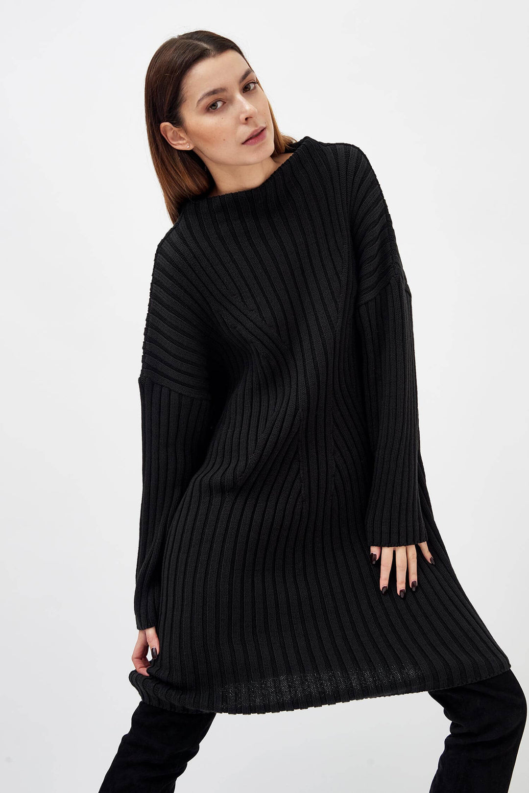 Knitted high boat neck dress –
